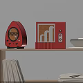 Retro Pink And Red Vintage Speakers On Wooden Shelf With Books And White Bowls