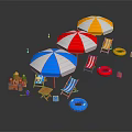 Colorful Striped Outdoor Beach Chairs With Umbrellas Life Rings And Sandcastle