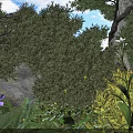 Lush Green Shrubs Surrounded by Purple Flowers Yellow Plants Ferns and Rocks in Natural Garden