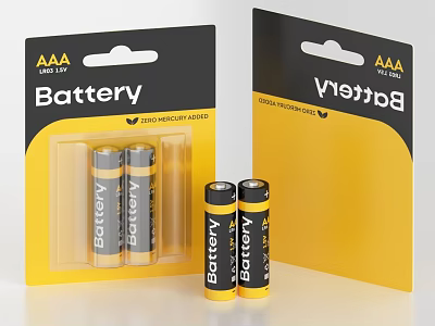 AAA Battery Packaging With Yellow Black Design And Two Loose Batteries 3d model