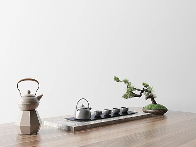 Elegant Tea Set with Teapot Cups Tray on Wooden Tabletop and Small Potted Pine Tree 3d model