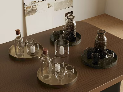 Decorative Metal Trays With Glass Bottles Cups And Candles On Wooden Table 3d model