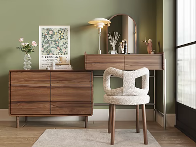 Walnut Dresser Interior With Green Wall Round Mirror Table Lamp And Upholstered Chair 3d model