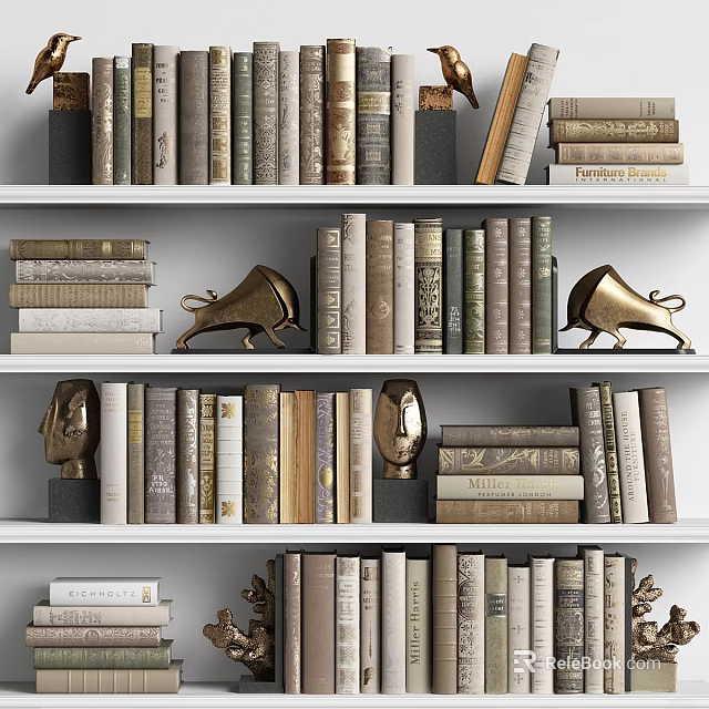Neatly Arranged Books on White Bookshelf with Neutral Tones Sculptures and Horn Decorations 3d model 
