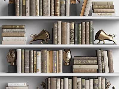 Neatly Arranged Books on White Bookshelf with Neutral Tones Sculptures and Horn Decorations 3d model