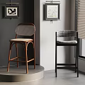 Modern Bar Stools With Wooden Frame Rattan Backrest And Houndstooth Seats