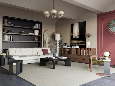 Modern Living Room Interior With White Sofa Red Cushion Black Bookshelf Chandelier And Wooden Cabinet 3d model