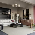Modern Living Room Interior With White Sofa Red Cushion Black Bookshelf Chandelier And Wooden Cabinet