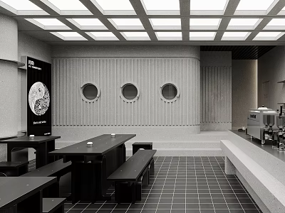 Café Interior Featuring Grid Skylights Circular Windows Decorative Painting Tables Benches And Bar Counter 3d model