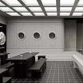 Café Interior Featuring Grid Skylights Circular Windows Decorative Painting Tables Benches And Bar Counter