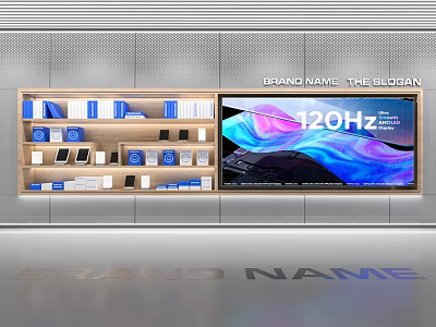 Modern Background Wall With Display Shelves Blue White Items Large 120Hz Screen And Brand Name 3d model