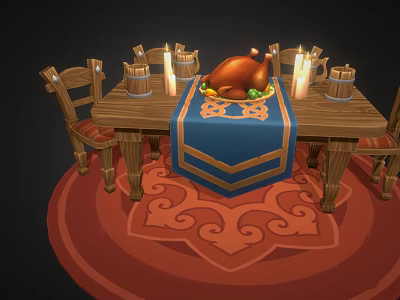 Cartoon Dining Scene Featuring Wooden Table Chairs Roast Chicken Blue Tablecloth Candles And Red Carpet 3d model