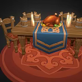 Cartoon Dining Scene Featuring Wooden Table Chairs Roast Chicken Blue Tablecloth Candles And Red Carpet