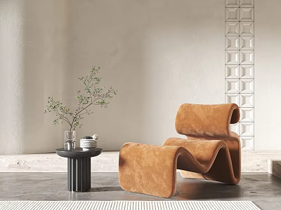 Brown Velvet Accent Chair With Ottoman Small Round Side Table Green Plant On Beige Wall 3d model