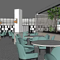 Modern Restaurant Interior With Reception Area Bench Seating Lighting And Dining Tables 3d model