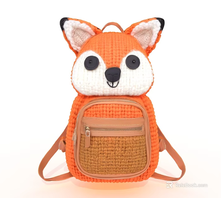 Fox Shaped Orange Knitted Backpack With White Face Brown Pocket And Straps 3d model 