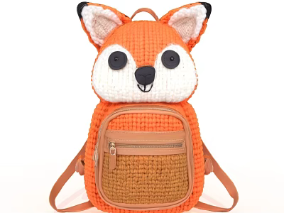 Fox Shaped Orange Knitted Backpack With White Face Brown Pocket And Straps 3d model
