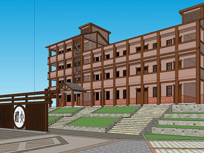 Traditional Style Multi Story Building Featuring Wooden Structure Entrance Steps And Lawn 3d model