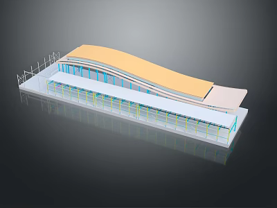 Cartoon Scene Of Modern Building With Curved Orange Roof Multi Level Structure And Blue Windows 3d model