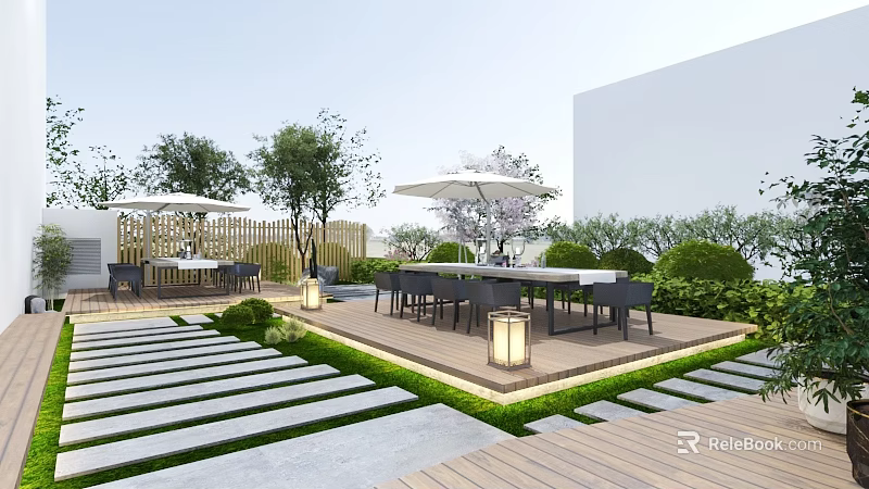 Garden Landscape With Wooden Deck Stone Pathways Outdoor Tables Chairs Umbrellas Trees And Lanterns 3d model 