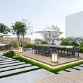 Garden Landscape With Wooden Deck Stone Pathways Outdoor Tables Chairs Umbrellas Trees And Lanterns