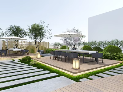 Garden Landscape With Wooden Deck Stone Pathways Outdoor Tables Chairs Umbrellas Trees And Lanterns 3d model