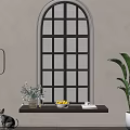 Arched Black Grid French Window With Wooden Sill Lemon Bowl Green Plant And Cat