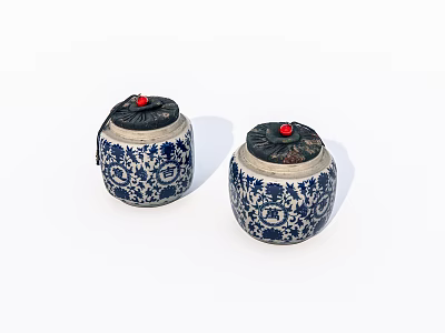 Traditional Ceramic Jars With Blue And White Floral Pattern And Red Knob Lids 3d model