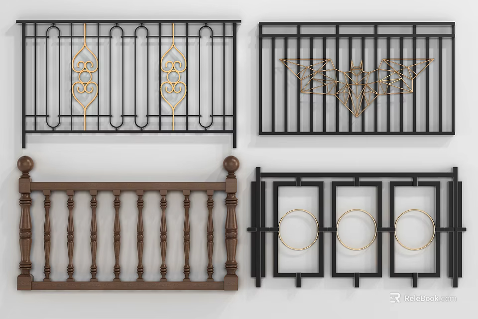 Decorative Metal And Wooden Railings With Ornate Patterns And Geometric Designs 3d model 