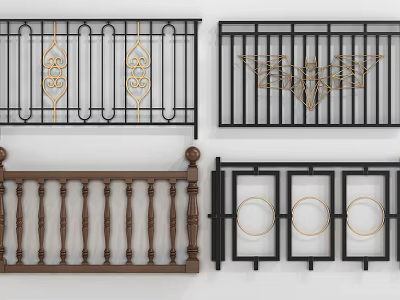 Decorative Metal And Wooden Railings With Ornate Patterns And Geometric Designs 3d model