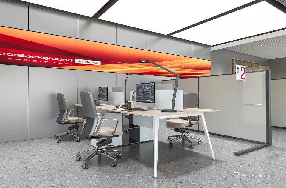 Public Office Area Featuring Modern Desks Chairs Computer Monitors And Bright Lighting 3d model