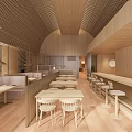 Wooden Modern Restaurant Interior With Bar Counter Dining Tables Natural Lighting And Seating Area