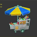 Colorful Street Food Cart With Yellow Blue Umbrella And Various Snacks Drinks