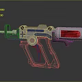 Futuristic Sci Fi Gun Weapon With Silver Metal Body Blue Accents Red Component And Emblem Details