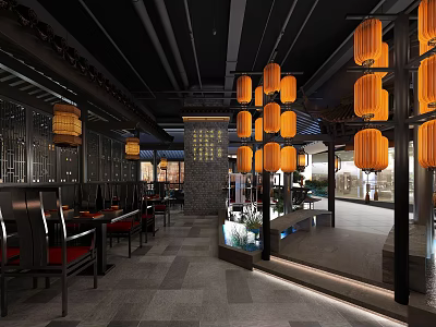 Traditional Chinese Restaurant Interior With Hanging Lanterns Wooden Dining Tables And Decorative Screens 3d model