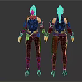 Detailed 3D Model Of Female Warrior With Black Armor Red Accents Front And Back View