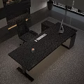 Modern Black Office Desk With Apple Computer Potted Plant Glass Notebook And City View Window