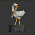 Decorative Low Poly Duck Model With Red Scarf And Long Stick On Gray Base