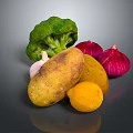 Fresh Assorted Vegetables Including Broccoli Potatoes Red Onions Garlic And Lemon On Dark Background