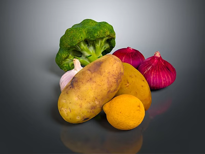 Fresh Assorted Vegetables Including Broccoli Potatoes Red Onions Garlic And Lemon On Dark Background 3d model