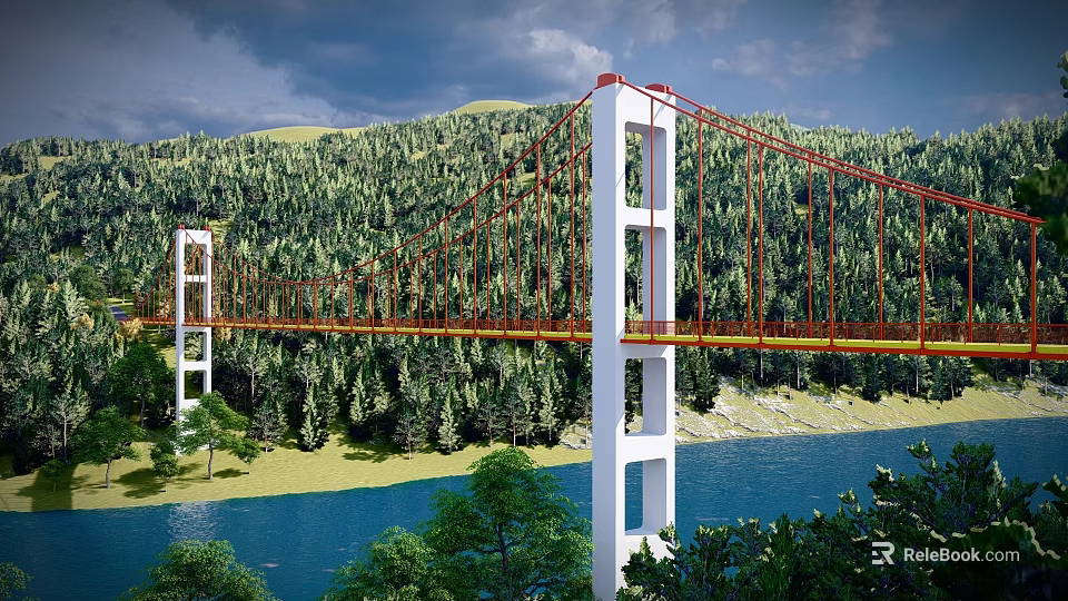Red Suspension Bridge With White Towers Over Blue River By Green Forest 3d model 