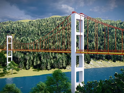 Red Suspension Bridge With White Towers Over Blue River By Green Forest 3d model