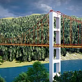 Red Suspension Bridge With White Towers Over Blue River By Green Forest