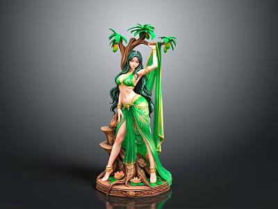 Detailed Female Figure Sculpture In Green Attire With Palm Tree And Carved Base 3d model