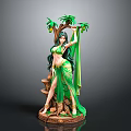 Detailed Female Figure Sculpture In Green Attire With Palm Tree And Carved Base