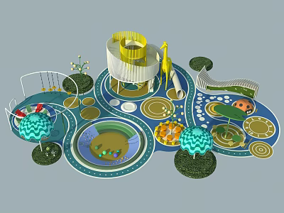 Colorful Children's Playground with Yellow Slide Swings Circular Play Areas And Tree Decorations 3d model