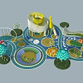 Colorful Children's Playground with Yellow Slide Swings Circular Play Areas And Tree Decorations