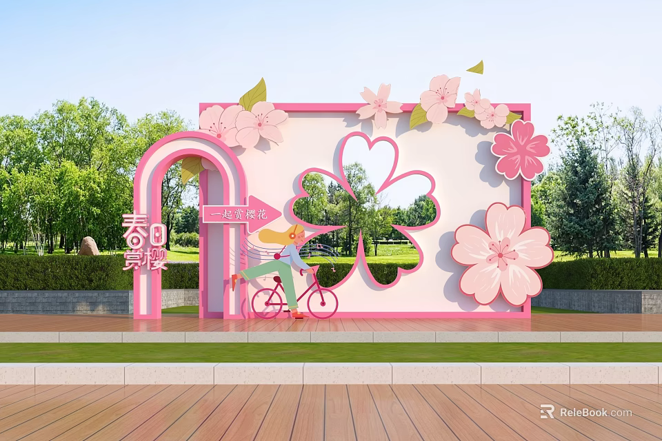 Outdoor Interactive Area For Spring Cherry Blossom Viewing With Decorative Archway And Bicycle 3d model 