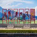 Red Frames Sculpture With Farming Human Silhouettes And Mountain Field Background 3d model