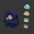 Turbocharger Exploded View With Blue Housing And Silver Turbine Blades